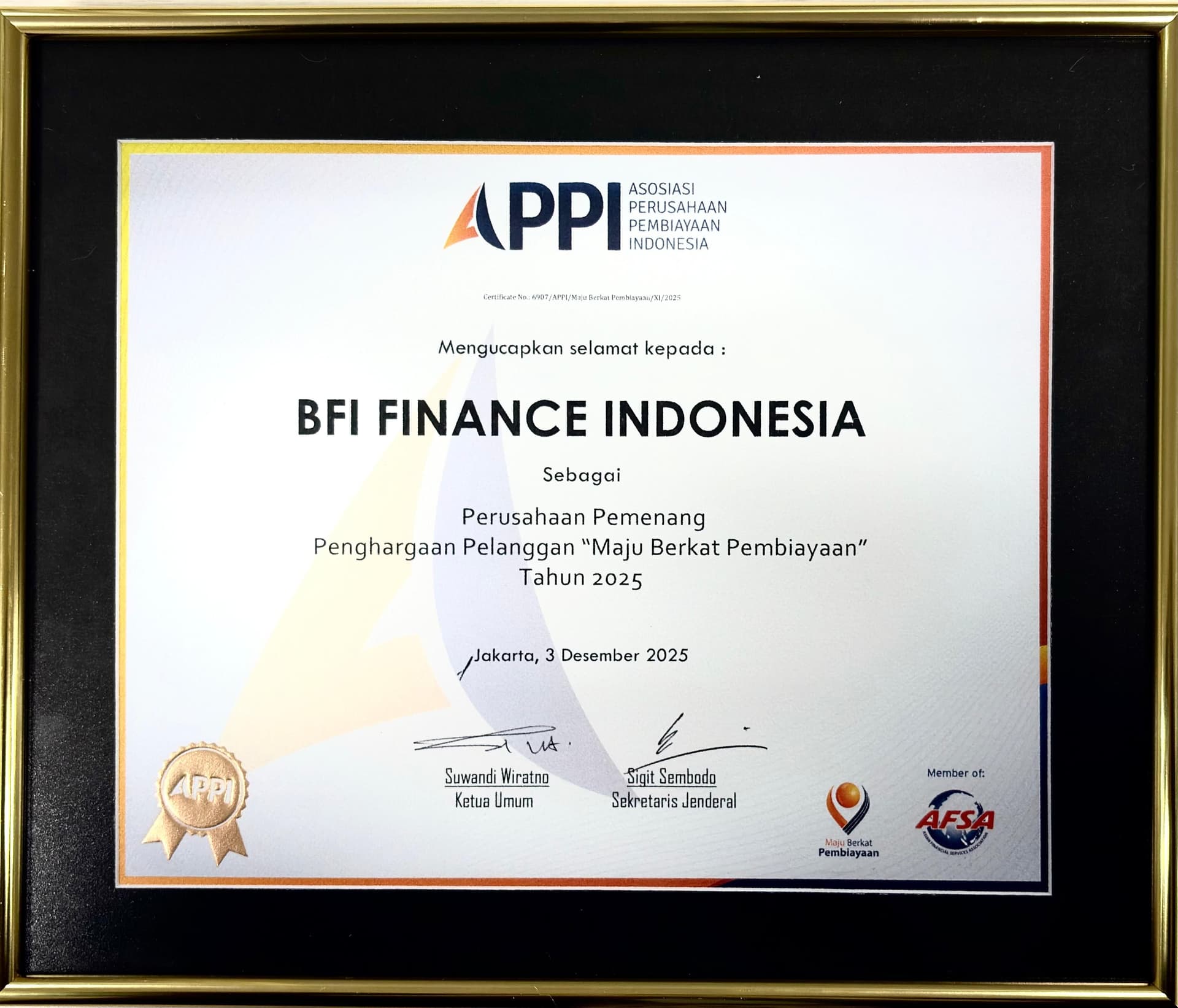 BFI Finance Raih Penghargaan “Maju Berkat Pembiayaan” APPI 2025