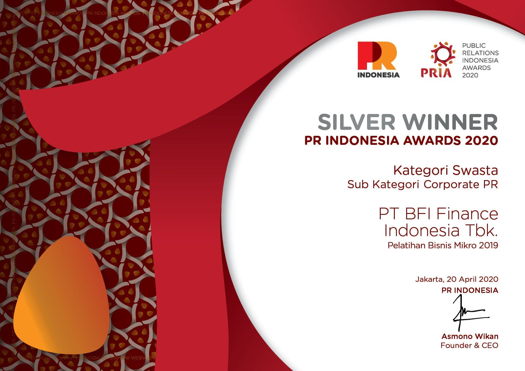 BFI Finance Receives Two Awards at The PR Indonesia Awards 2020